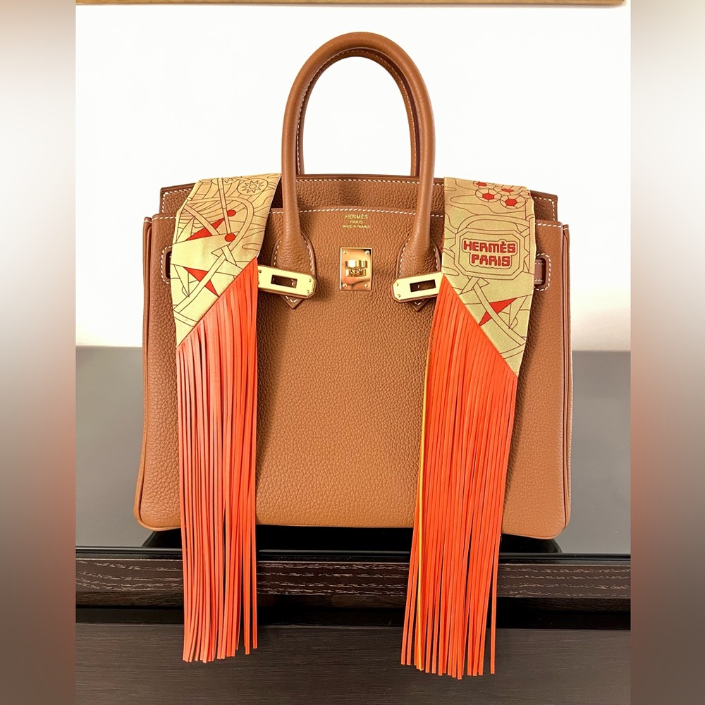Hermes Au Bloc Fringe Twilly in Rouge/Orange/Tabac